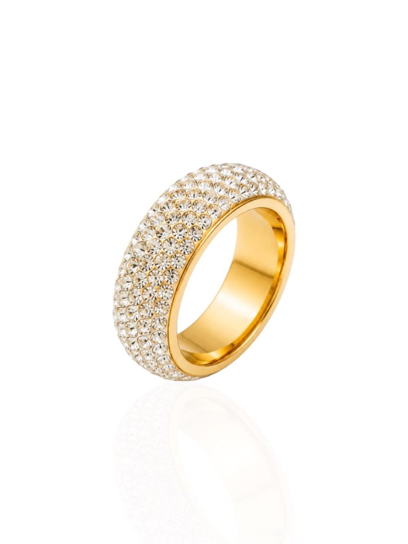 Anel Aço Inoxidável Folheado a Ouro 18k e Prata Design Cravejado G