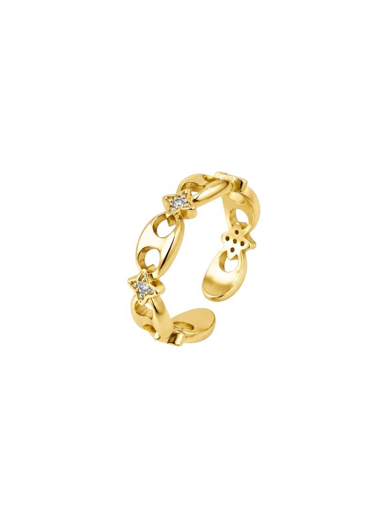 Anel Aço Inoxidável Folheado a Ouro 18k e Prata Inspiração Vg. Cravejado