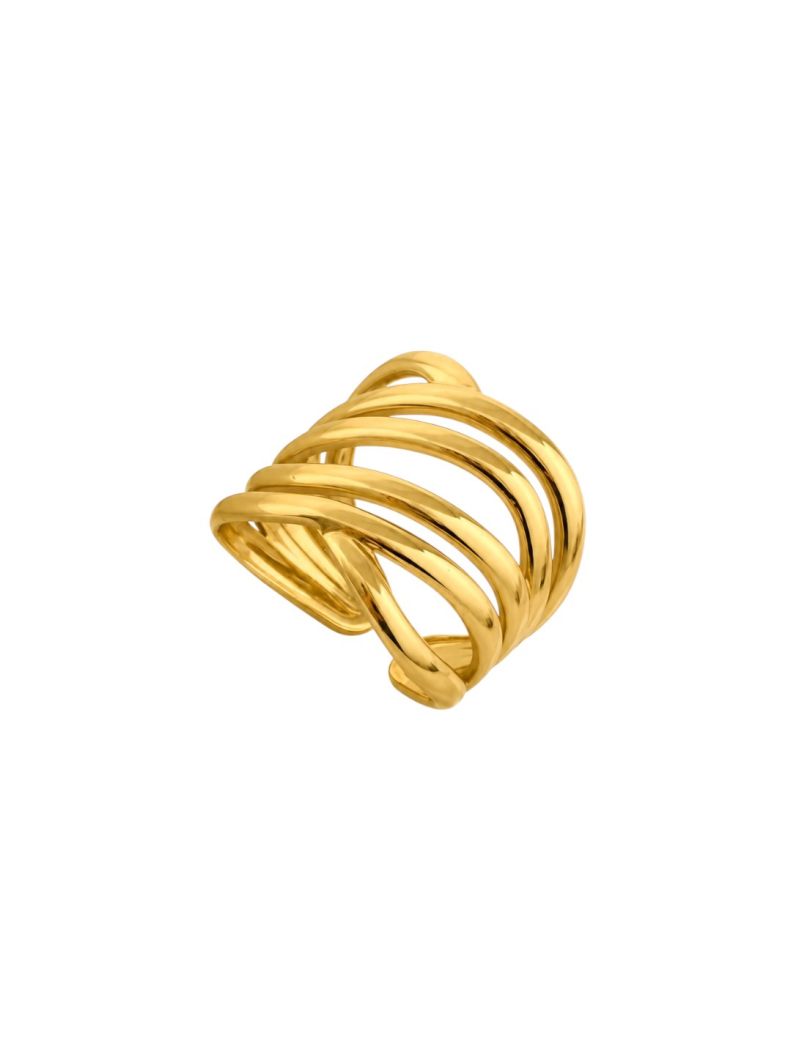 Anel Aço Inoxidavel Folheado a Ouro 18k Fios Cruzados