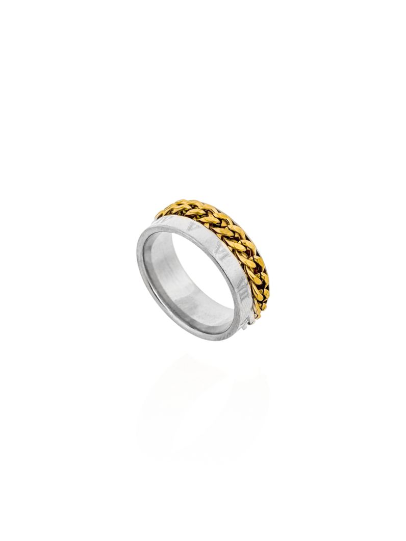 Anel Aço Inoxidável Folheado a Ouro 18k Mix Banho Com Elos