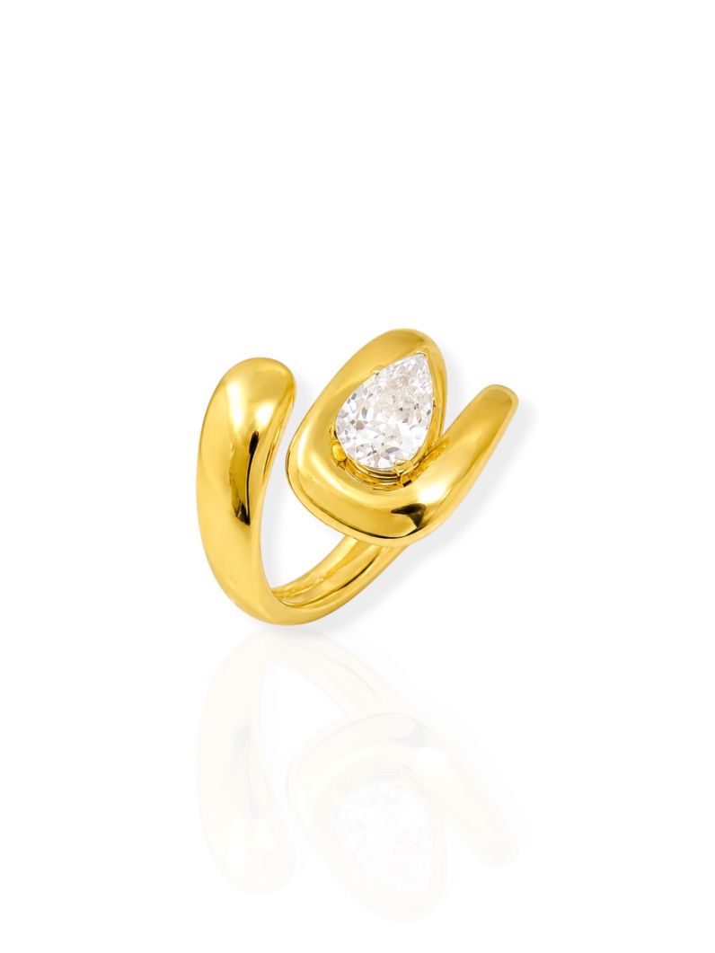 Anel Aço Inoxidavel Folheado a Ouro 18k Orgânico Com Gota Cristal