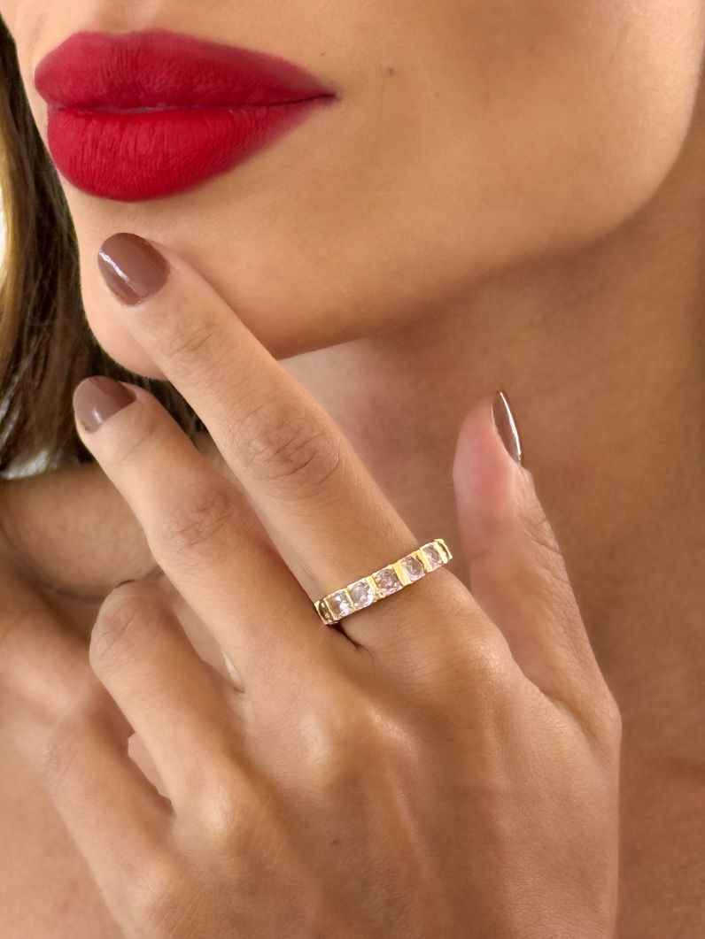 Anel Aliança Grossa Zircônia, Folheado a Ouro 18k, Prata 925 e Diamante - Rosa