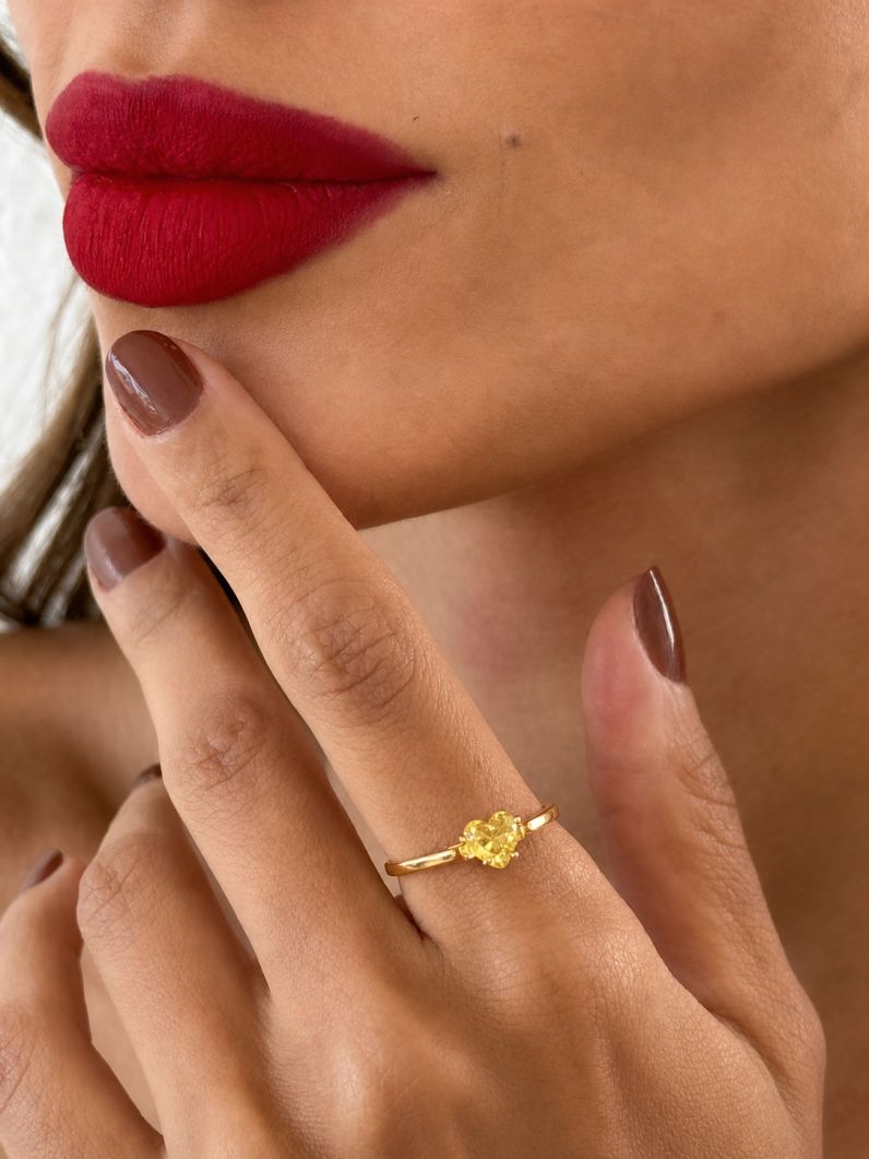 Anel Zircônia Coração Folheado a Ouro 18k, Prata 925 e Diamante Citrino - 6mm
