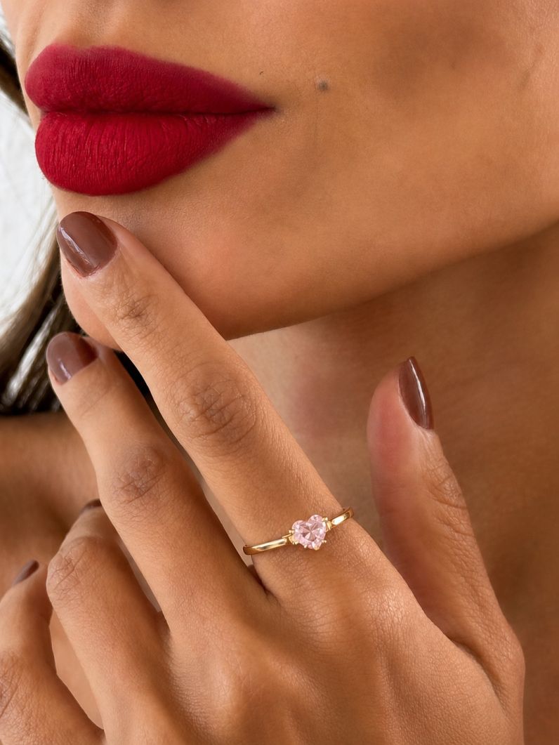 Anel Zircônia Coração Folheado a Ouro 18k e Prata 925 Rosa - 6mm
