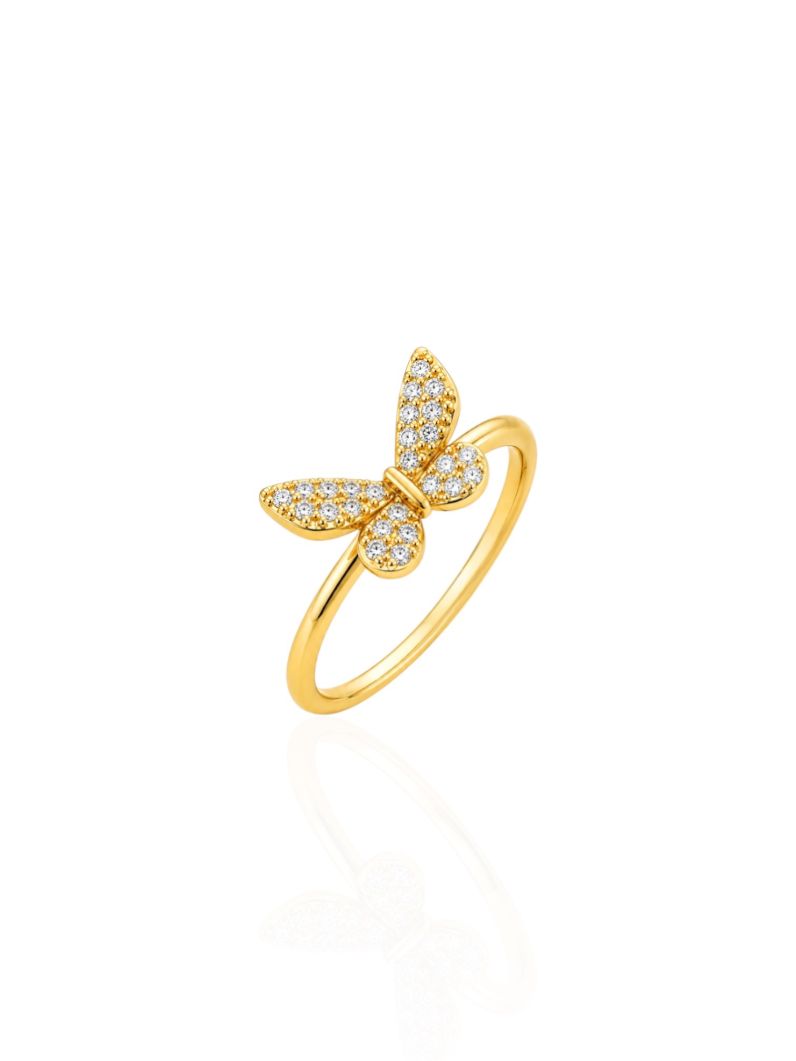 Anel Folheado a Ouro 18k e Prata Borboleta Cravejado