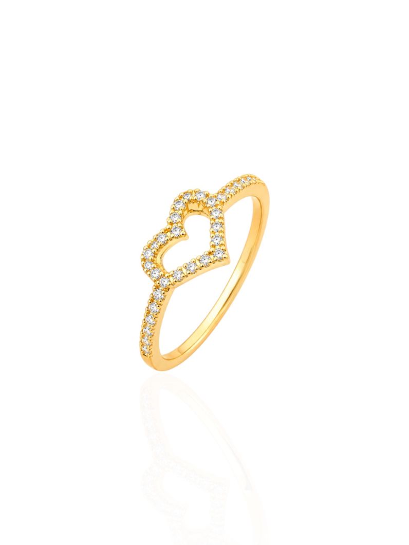 Anel Folheado a Ouro 18k e Prata Coração Cravejado
