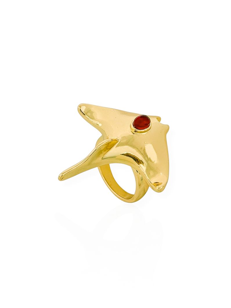 Anel Folheado a Ouro 18k e Prata Design Arraia Com Cristal