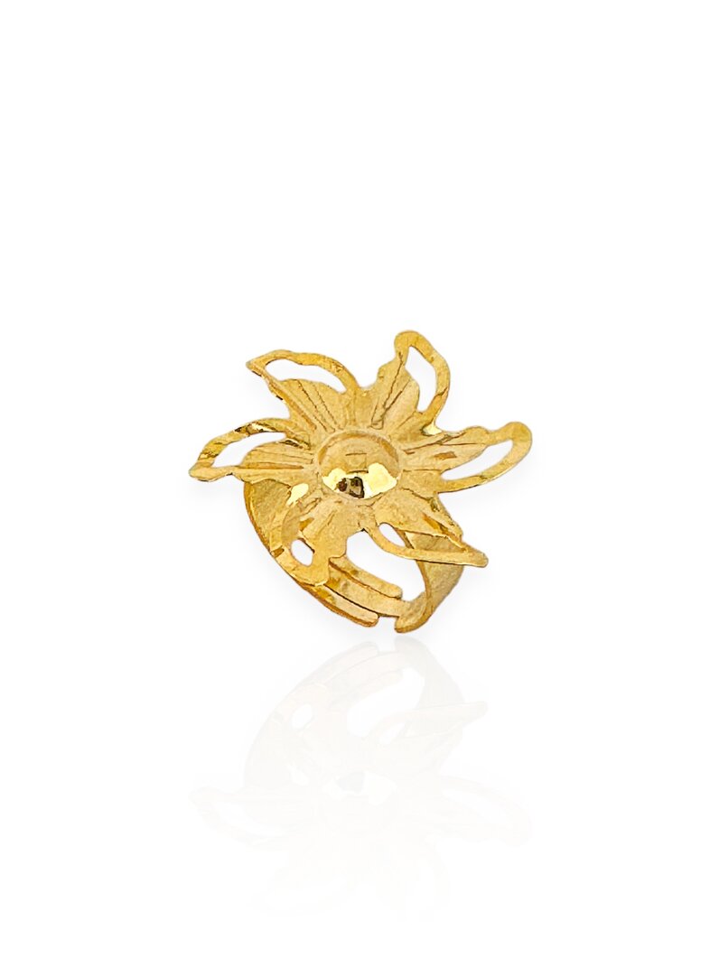 Anel Folheado a Ouro 18k e Prata Design Flor Martelado Vazado