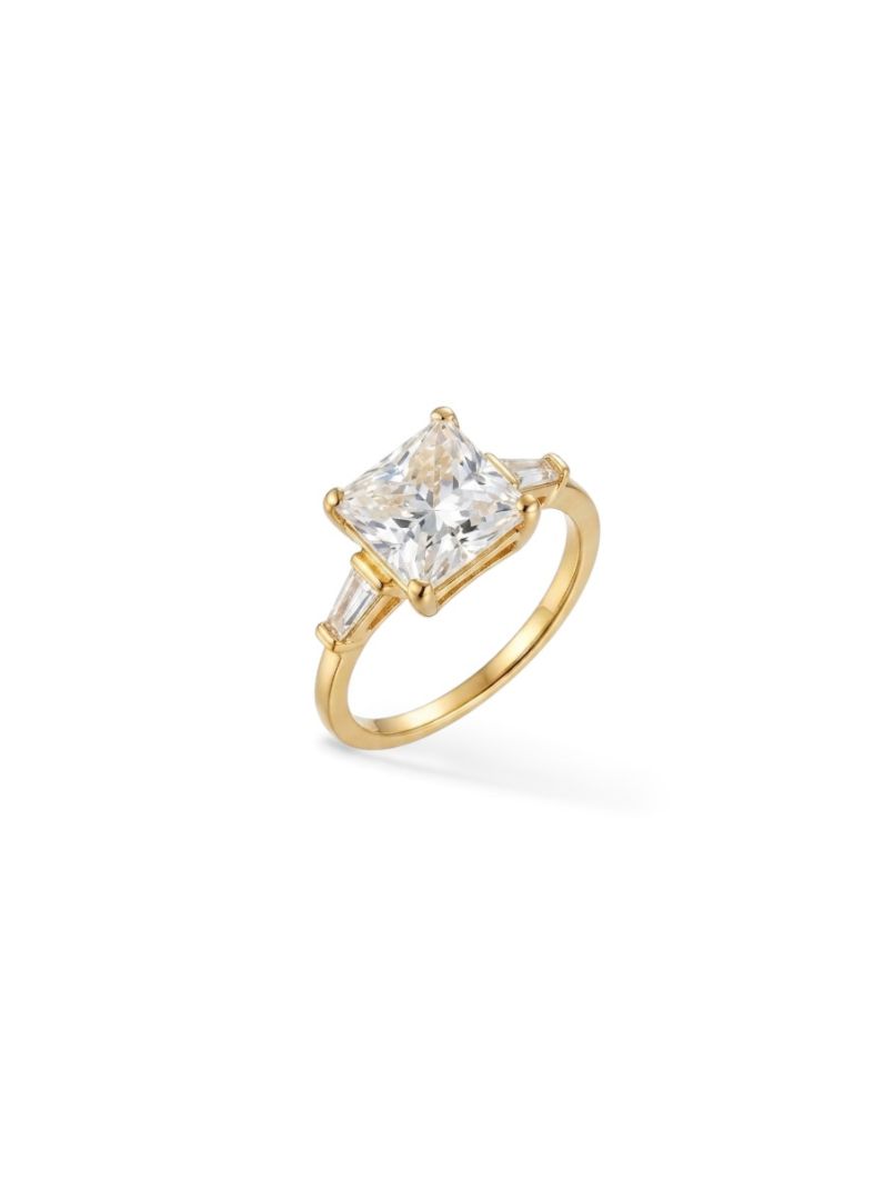 Anel Folheado a Ouro 18k e Prata Design Quadrado de Zirconia