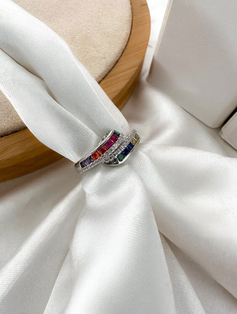 Anel Folheado a Ouro 18k e Prata Dois Fios com Zircônias