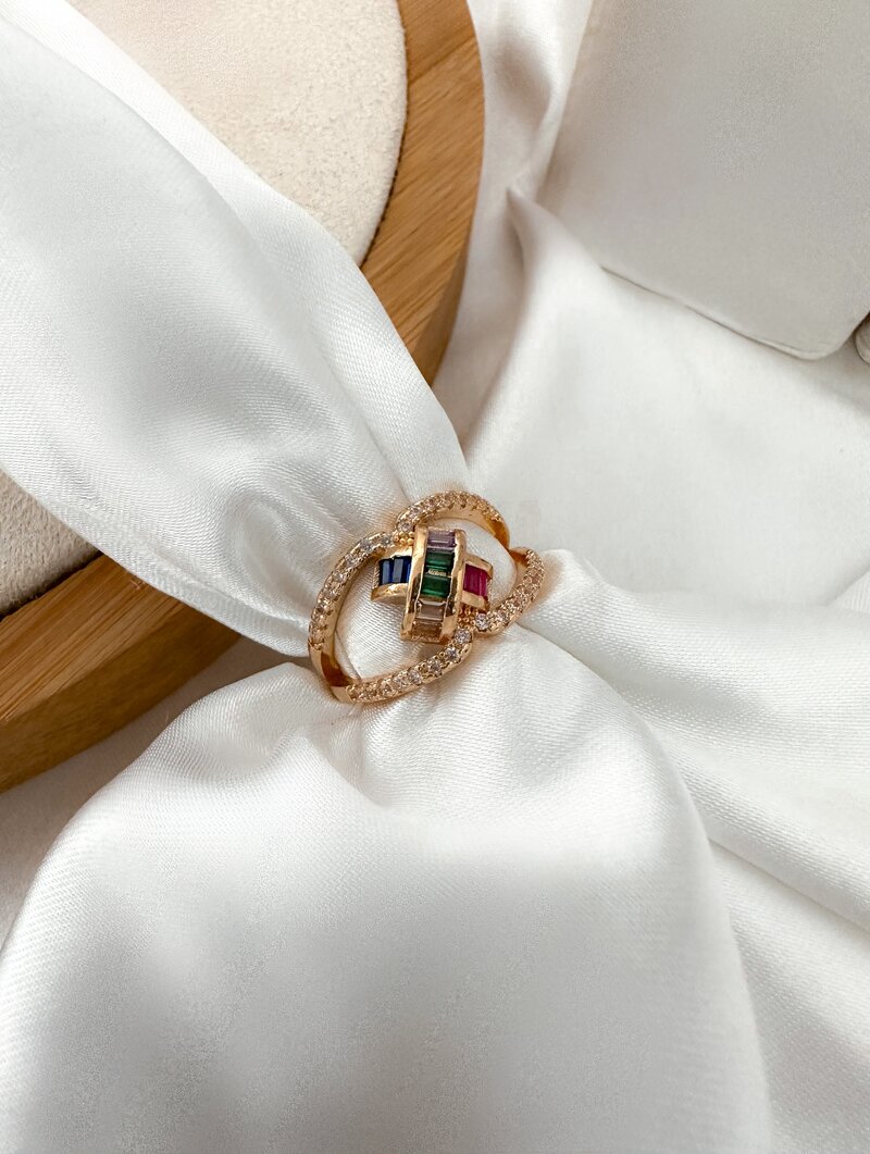 Anel Folheado a Ouro 18k e Prata Dois Fios Cravejados com X em Zircônia