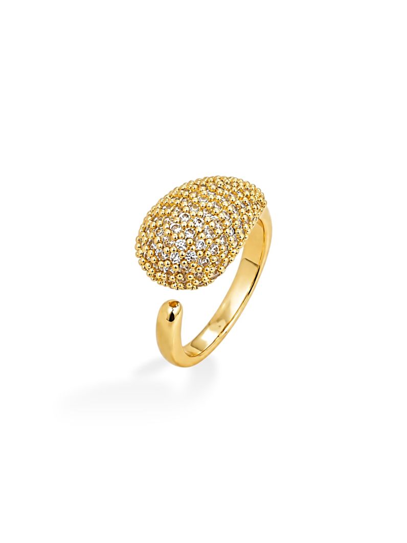 Anel Folheado a Ouro 18k e Prata Gota Cravejada