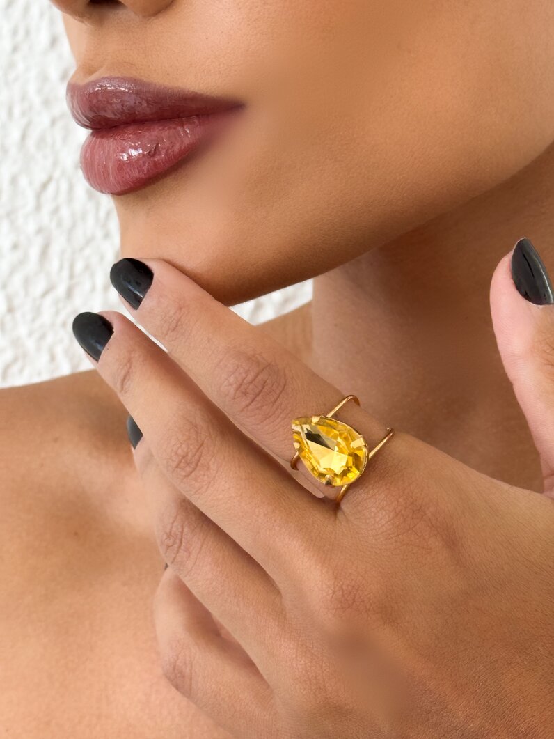 Anel Folheado a Ouro 18k Regulável com Gota de Zircônia