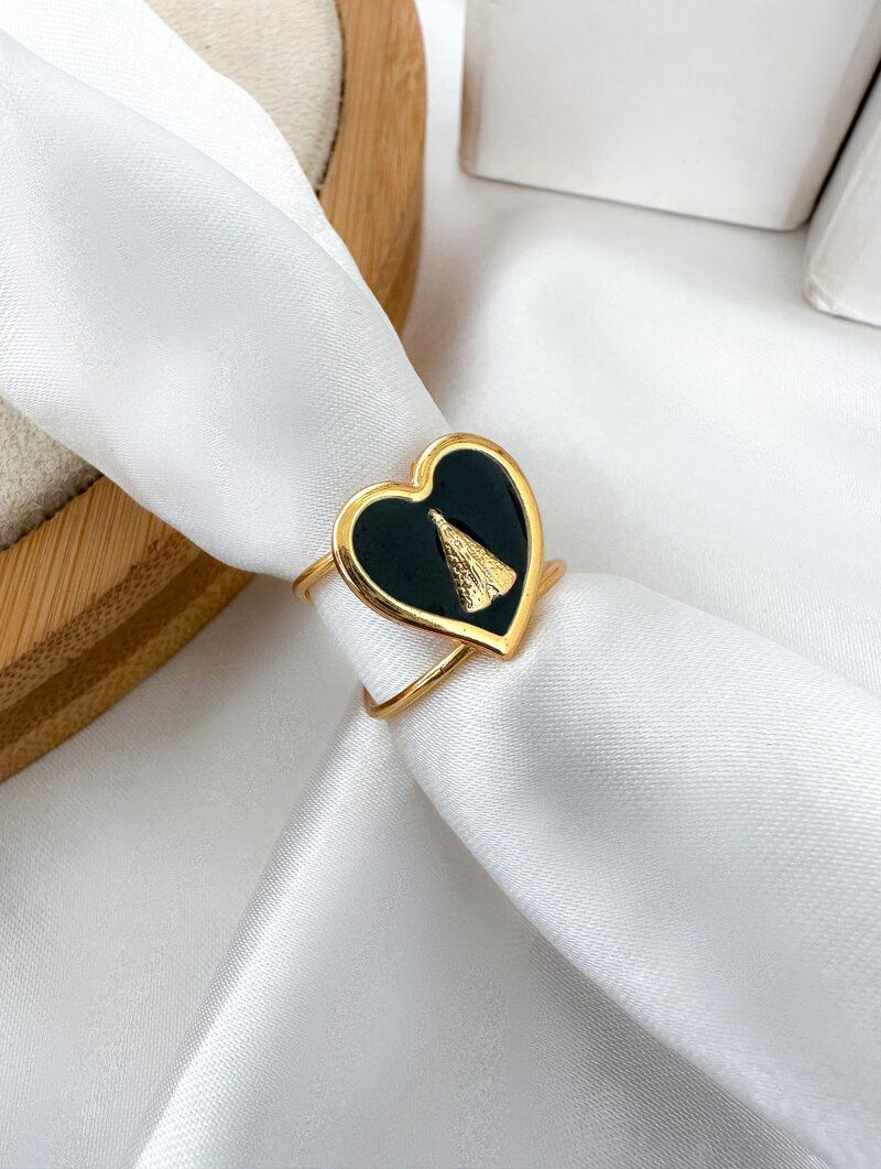 Anel Folheado a Ouro 18k Regulável Coração com Nossa Senhora