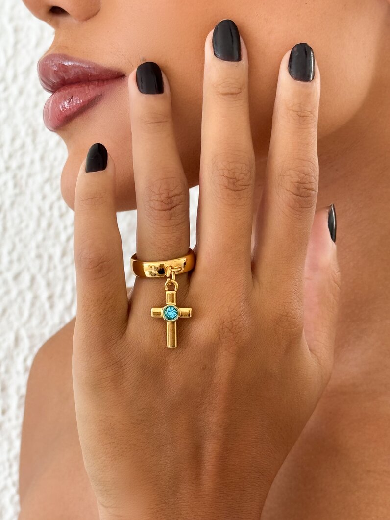 Anel Semi Joia Crucifixo Com Ponto de Luz