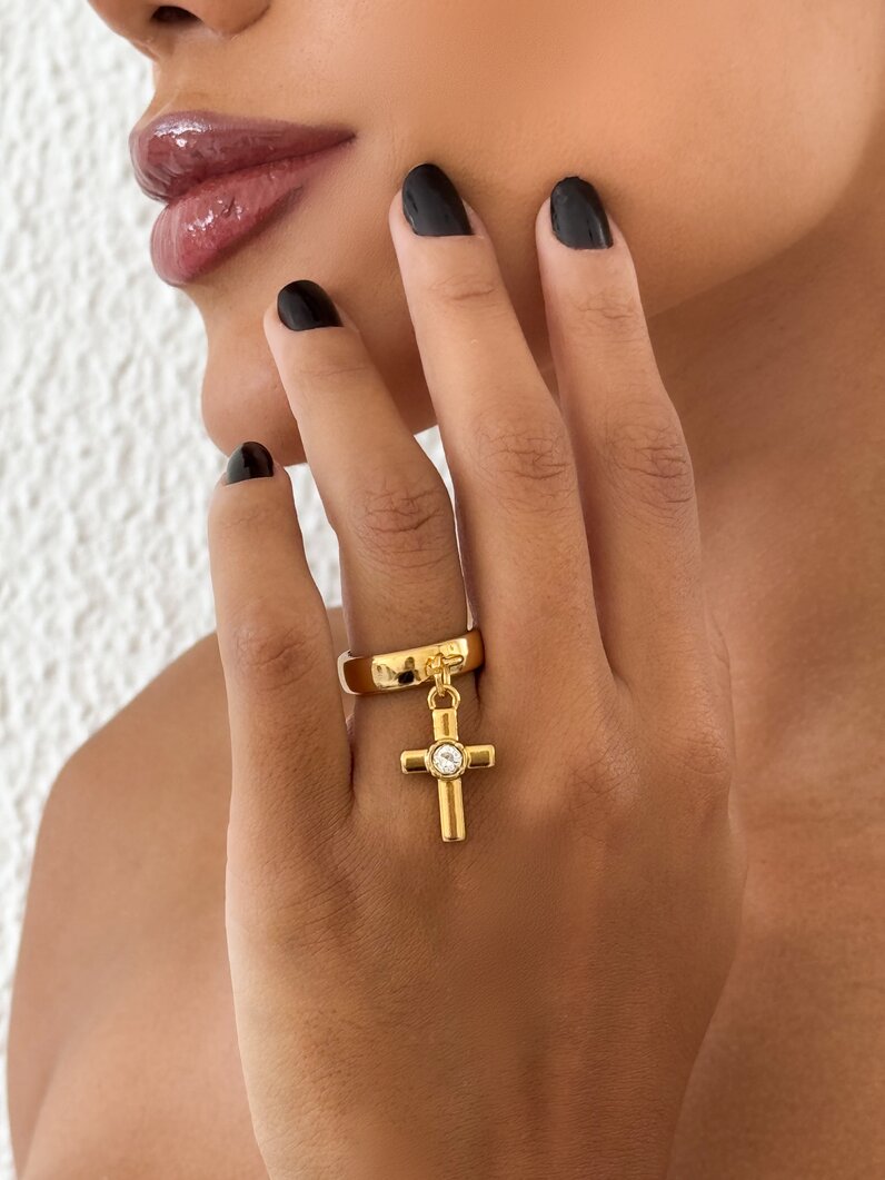 Anel Semi Joia Crucifixo Com Ponto de Luz