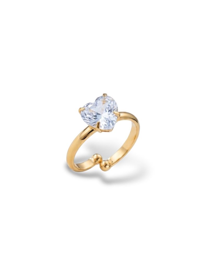 Anel Regulável Folheado a Ouro 18k Coração Cristal
