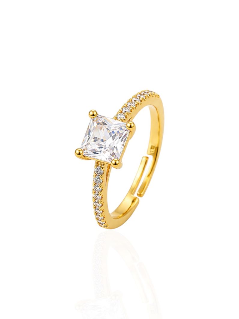 Anel Regulável Folheado a Ouro 18k e Prata Cristal Quadrado
