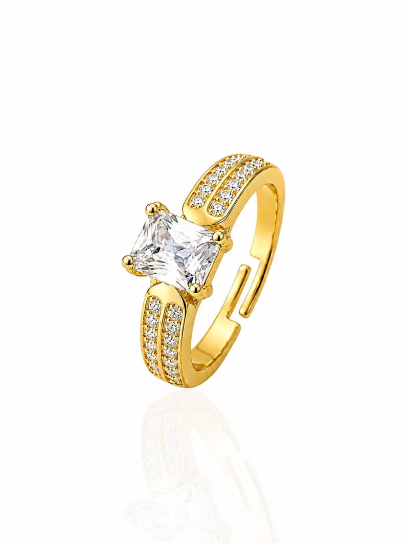 Anel Regulável Folheado a Ouro 18k e Prata Quadrado Cristal Colorido
