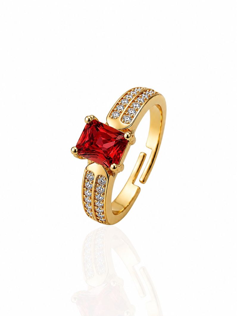 Anel Regulável Folheado a Ouro 18k e Prata Quadrado Cristal Colorido