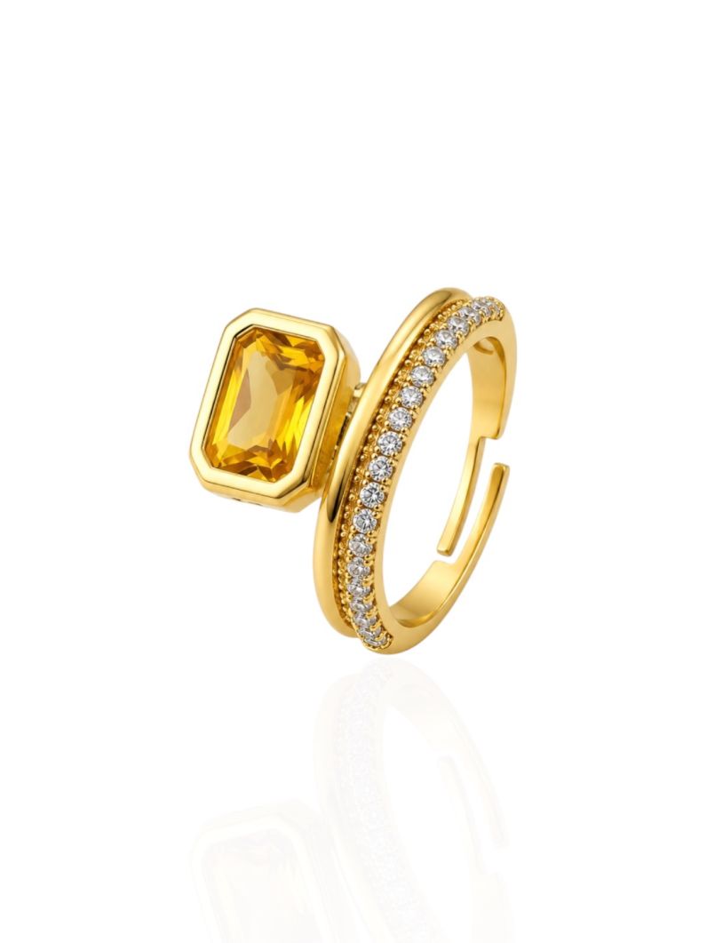 Anel Regulável Folheado a Ouro 18k e Prata Quadrado Cristal Cravejado