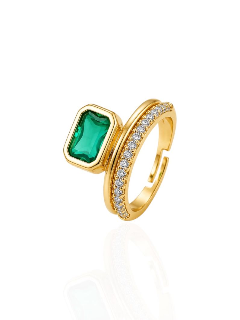 Anel Regulável Folheado a Ouro 18k e Prata Quadrado Cristal Cravejado