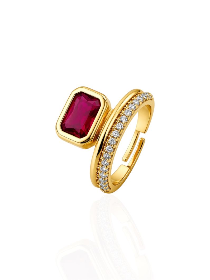 Anel Regulável Folheado a Ouro 18k e Prata Quadrado Cristal Cravejado