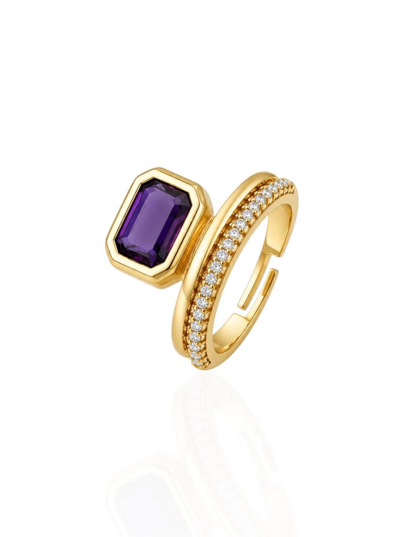 Anel Regulável Folheado a Ouro 18k e Prata Quadrado Cristal Cravejado