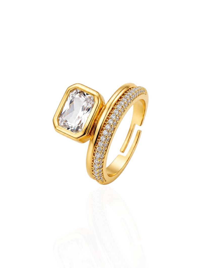 Anel Regulável Folheado a Ouro 18k e Prata Quadrado Cristal Cravejado