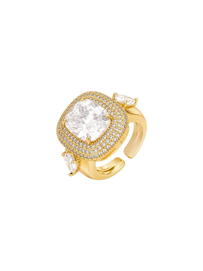 Anel Semi Joia Design Quadrado de Cristal Dourado