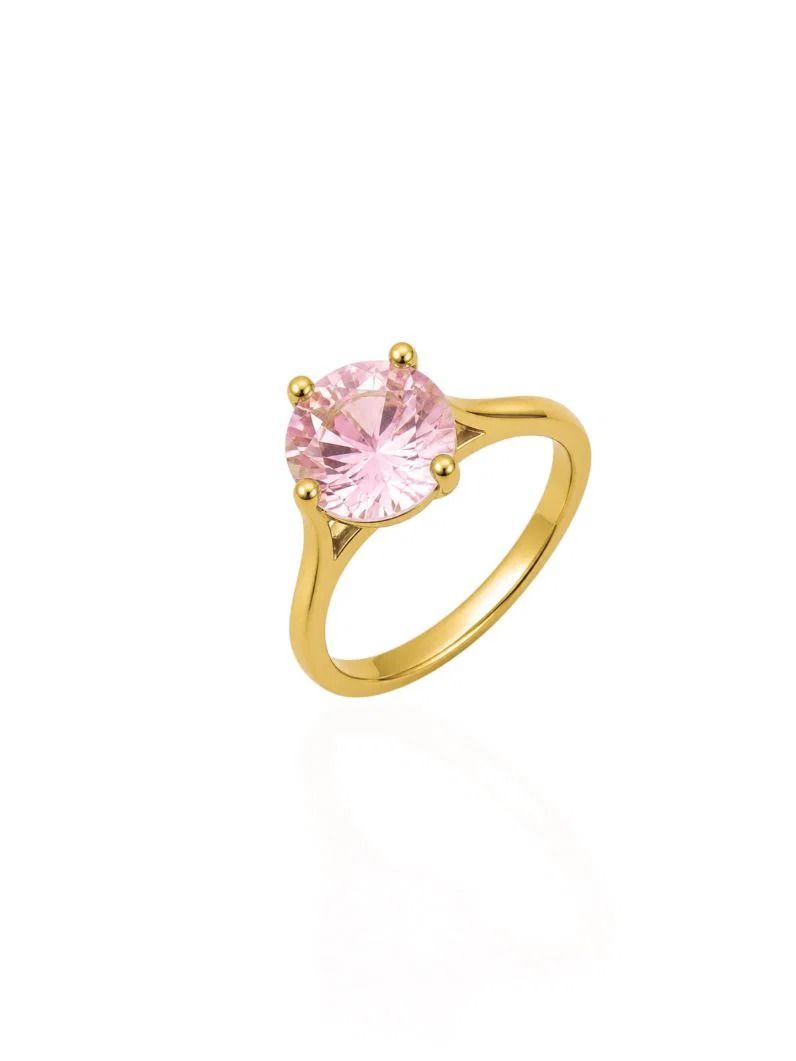Anel Virginia Folheado a Ouro 18k, Prata 925 e Diamante Solitário Pedra Rosa - 7mm