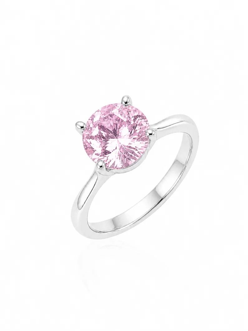 Anel Virginia Folheado a Ouro 18k, Prata 925 e Diamante Solitário Pedra Rosa - 7mm