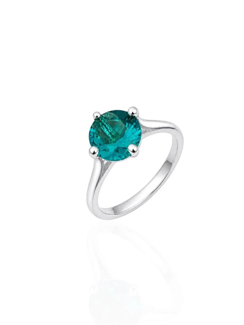 Anel Virginia Folheado a Ouro 18k, Prata 925 e Diamante Solitário Pedra Verde - 7mm