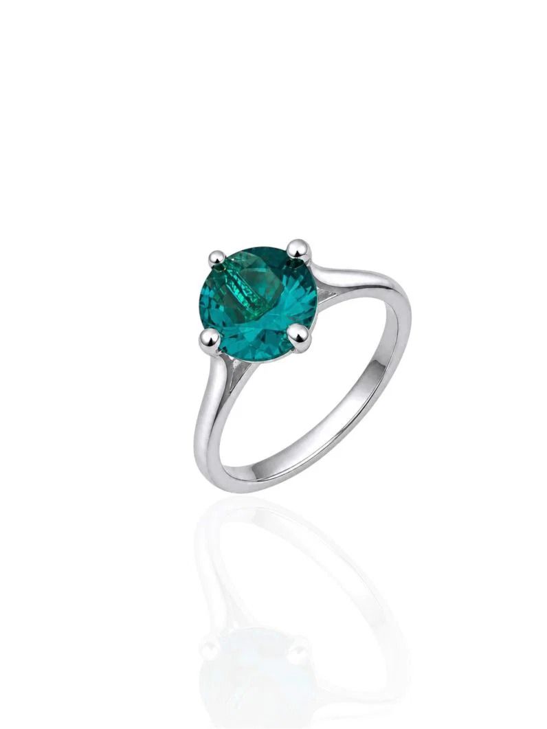 Anel Virginia Folheado a Ouro 18k, Prata 925 e Diamante Solitário Pedra Verde - 7mm