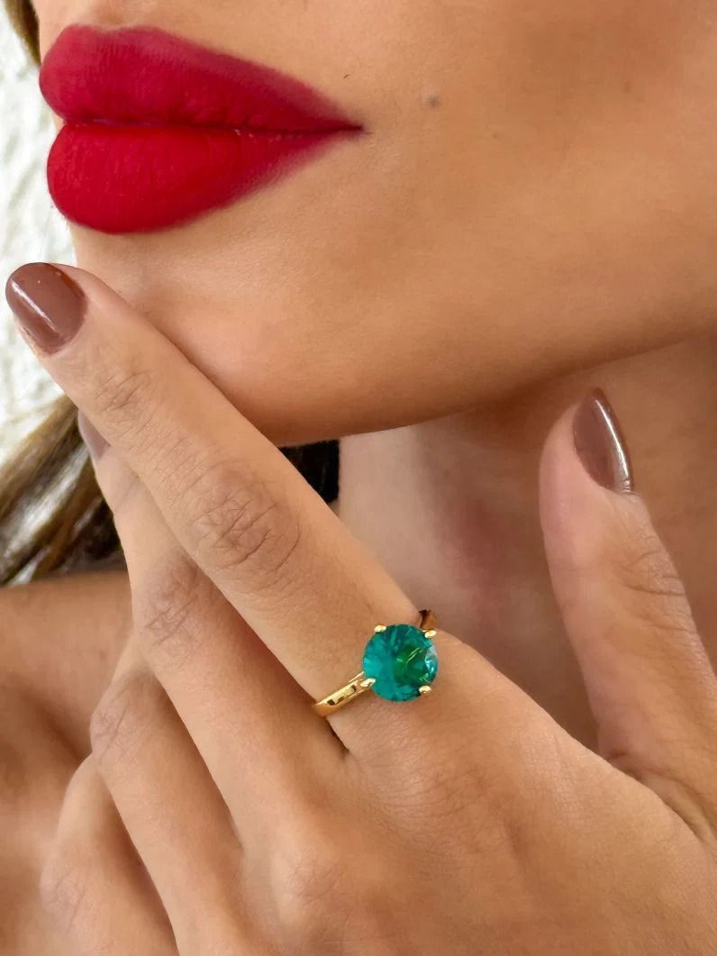 Anel Virginia Folheado a Ouro 18k, Prata 925 e Diamante Solitário Pedra Turmalina - 7mm