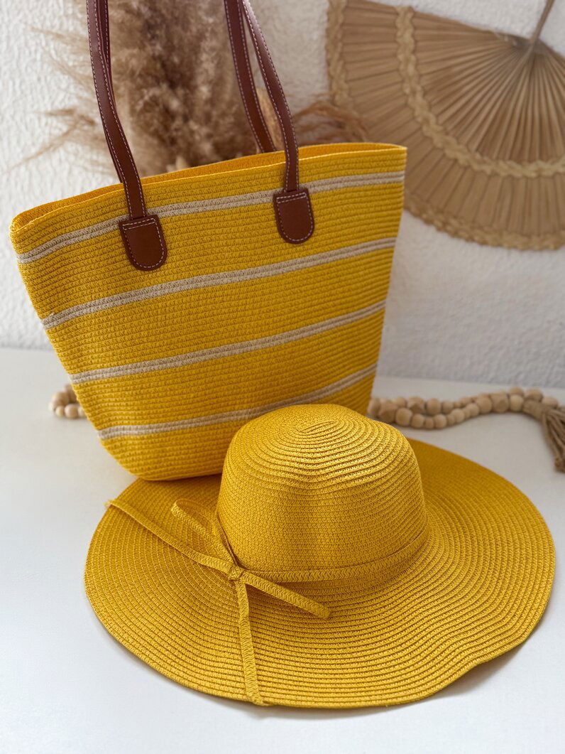 Conjunto Chapéu e Bolsa Palha Crochê- Amarelo