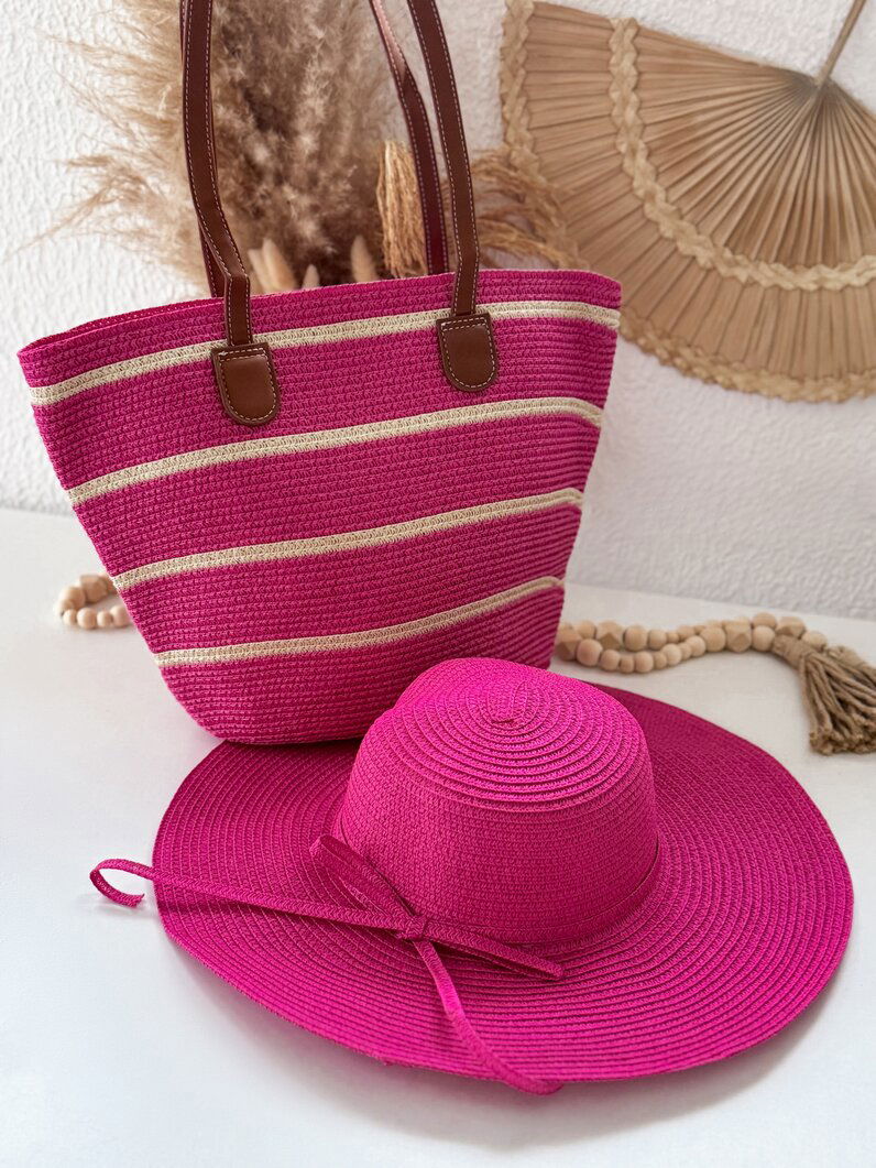 Conjunto Chapéu e Bolsa Palha Crochê- Rosa Pink
