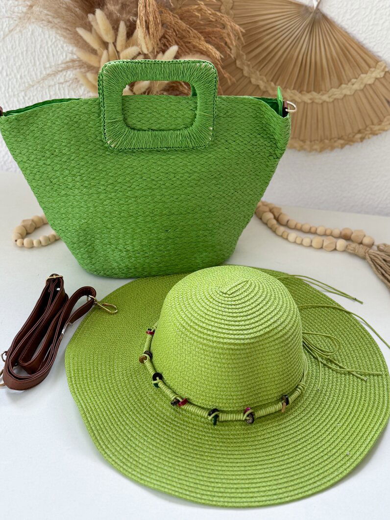 Conjunto Chapéu e Bolsa Palha Trançada Grande- Verde