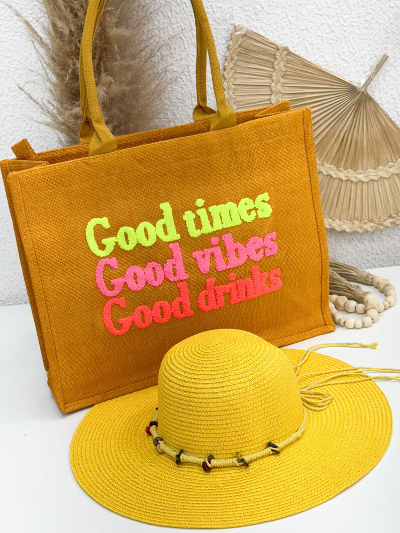 Bolsa Sacola 'Good Vibes' - Amarelo Escuro