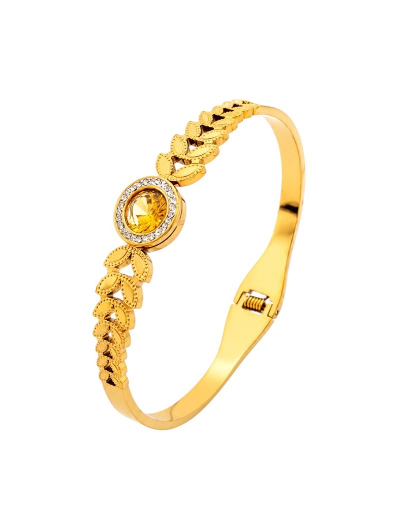 Bracelete Aço Inoxidavel Folheado a Ouro 18k Desgin Escama Com Citrino Central