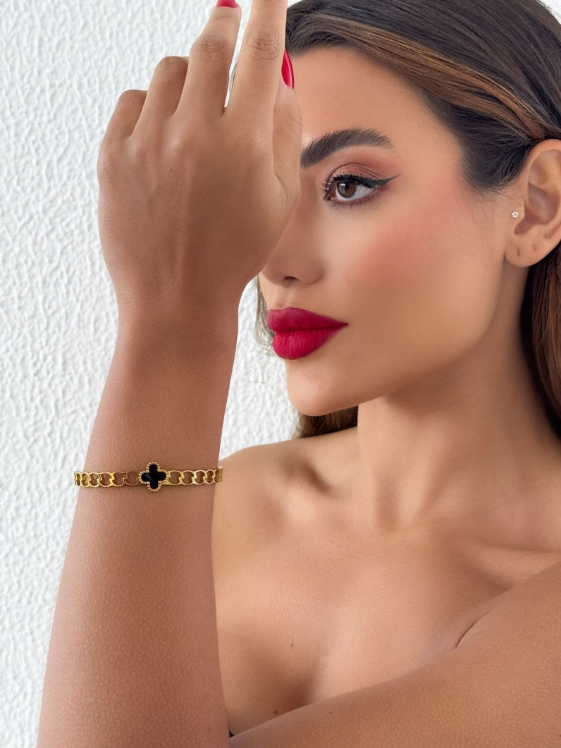 Bracelete Aço Inoxidável Folheado a Ouro 18k e Prata Design ElosCom Inspiração Vg Resinada