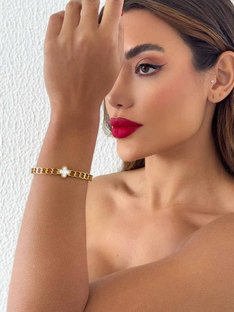 Bracelete Aço Inoxidável Folheado a Ouro 18k e Prata Design ElosCom Inspiração Vg Resinada