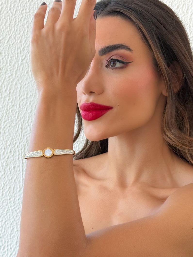 Bracelete Aço Inoxidavel Folheado a Ouro 18k e Prata Grandes Marcas Resinada e Cravejado