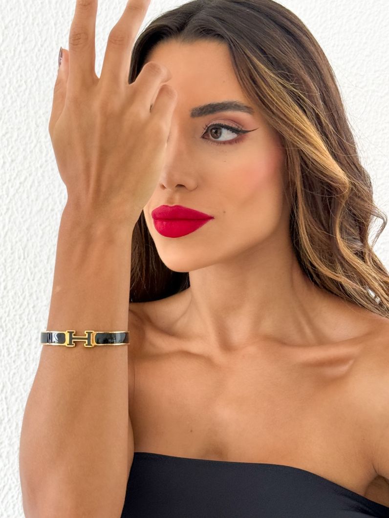 Bracelete Aço Inoxidável Folheado a Ouro 18k Inspiração Grandes Marcas Resinado