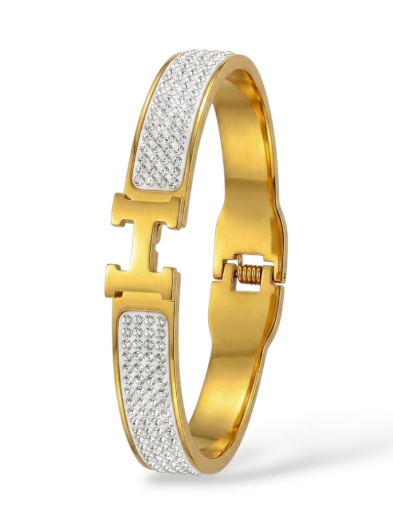 Bracelete Aço Inoxidável Folheado a Ouro 18k Inspiração Grandes Marcas Resinado e Cravejado