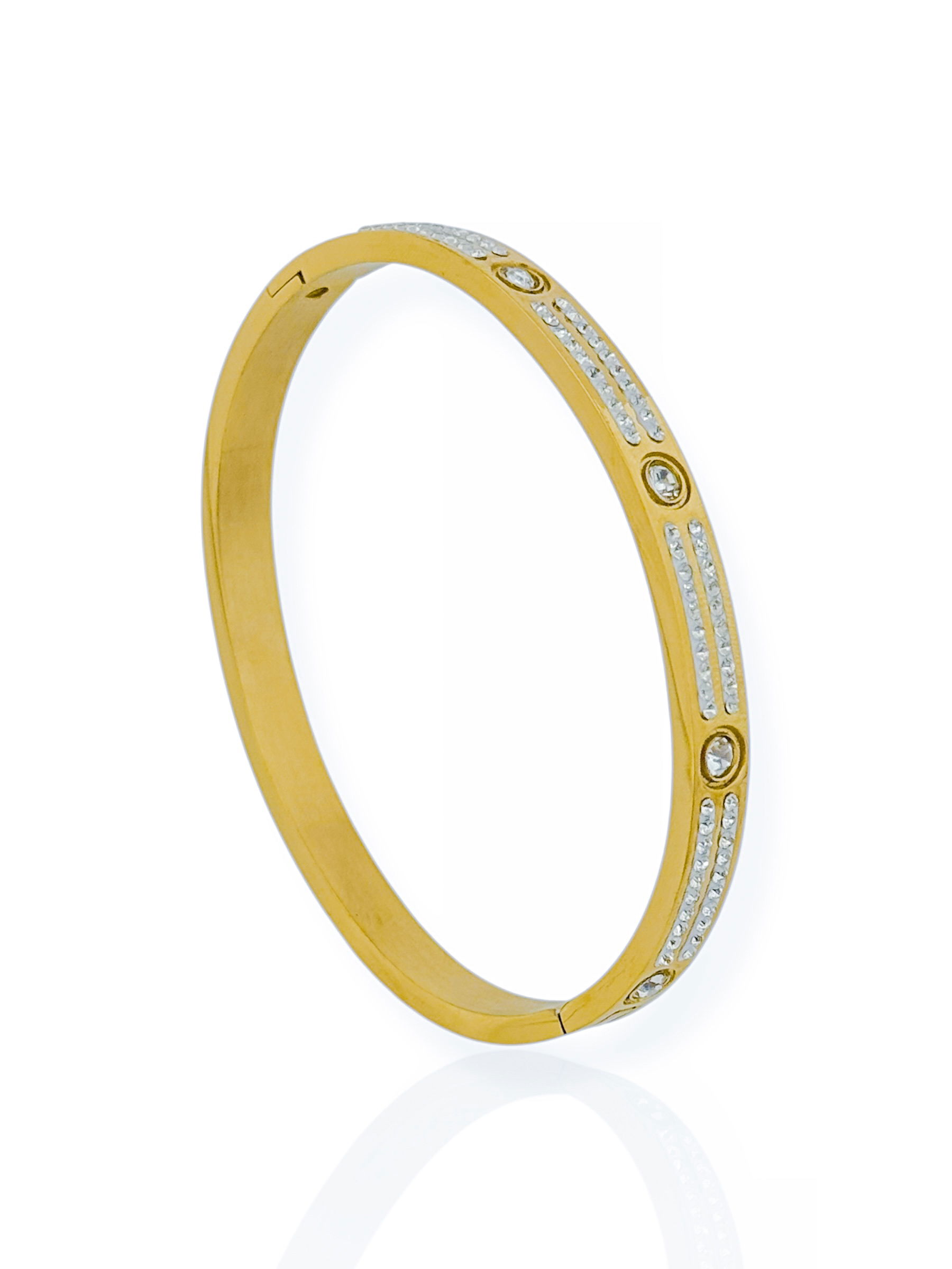 Bracelete de Aço Inoxidavel Folheado a Ouro 18k Detalhes Cravejados