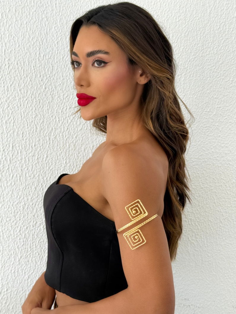 Bracelete de Bíceps Folheado a Ouro 18k e Prata Espiral Quadrado Martelado