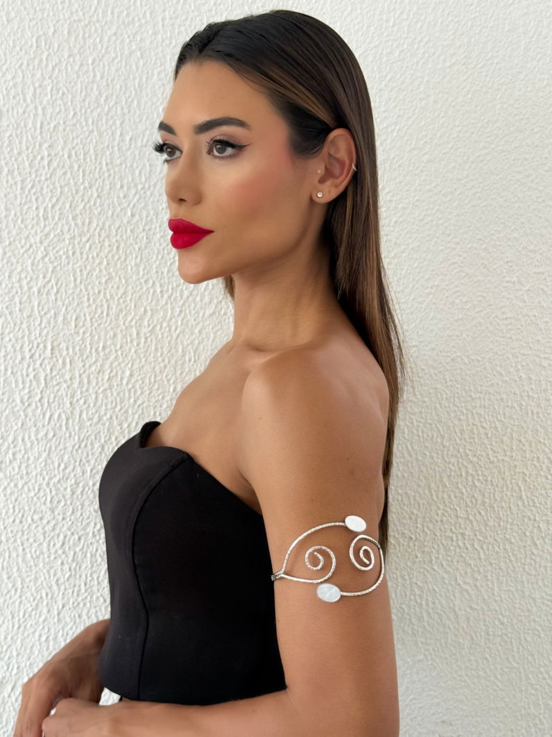 Bracelete de Bíceps Folheado a Ouro 18k e Prata Fio Texturizado Com Oval Resinado