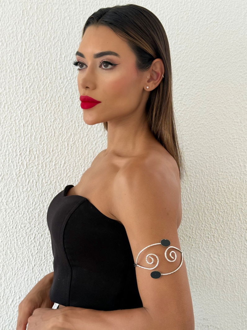 Bracelete de Bíceps Folheado a Ouro 18k e Prata Fio Texturizado Com Oval Resinado
