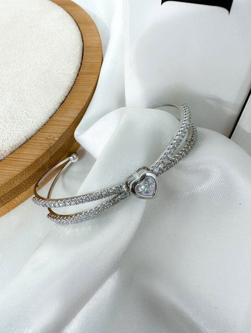 Bracelete Folheado a Ouro 18K e a Prata Coração Cravejado